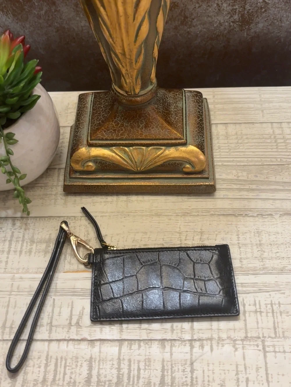 Tory Burch Black Croc-Embossed Leather Card Case with Wristlet Strap